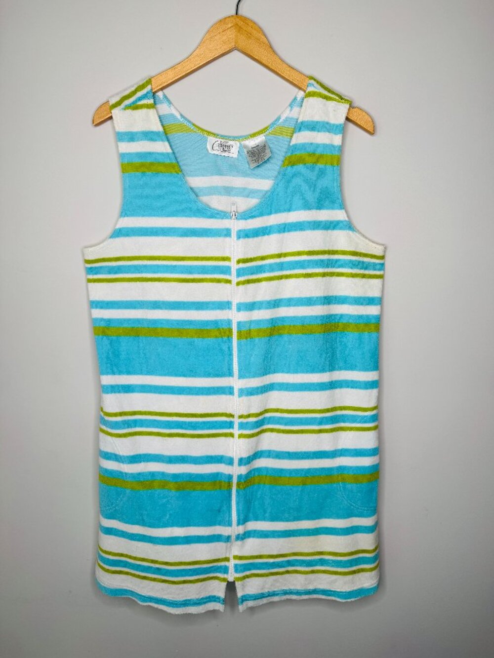 Cypress Vintage Sleeveless Zip Up Robe Cover Up Womens L Blue White Stripe Towel